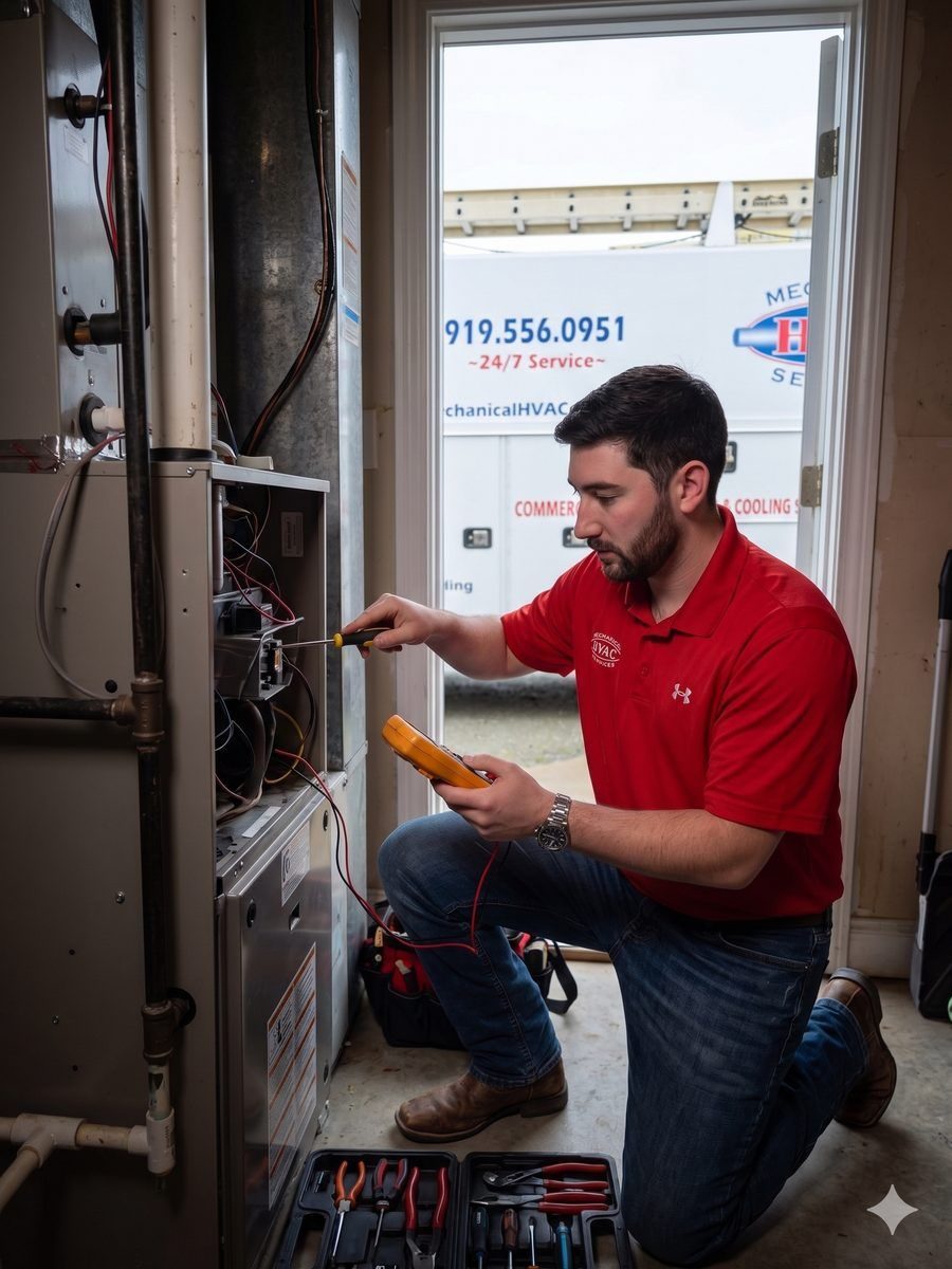 a technician working on a furnace