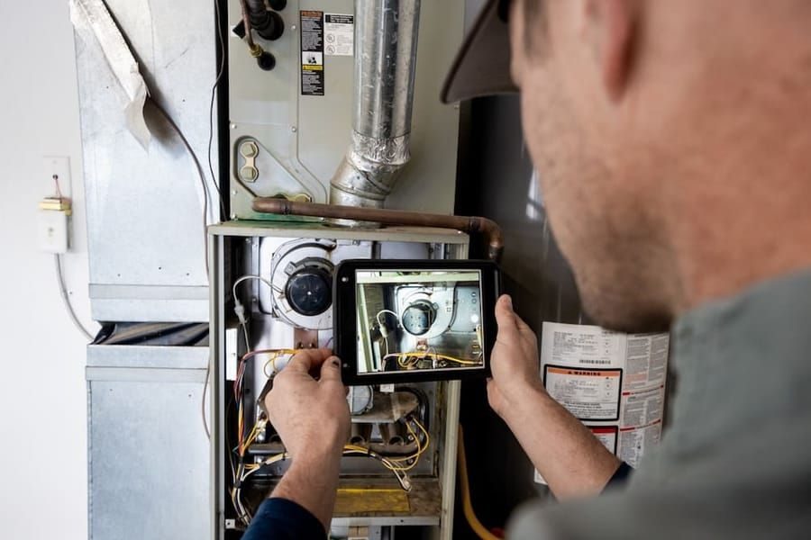 HVAC technician inspecting residential furnace system during furnace installation service.