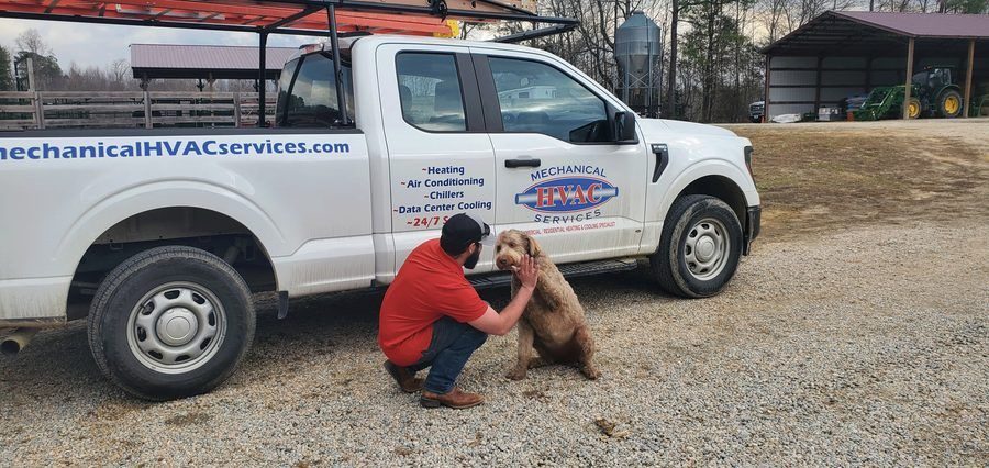 Mechanical HVAC tech high fiving a dog in front of their truck